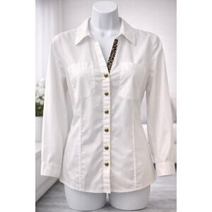 Anne Klein White Button Front Blouse Small Classic Career Shirt